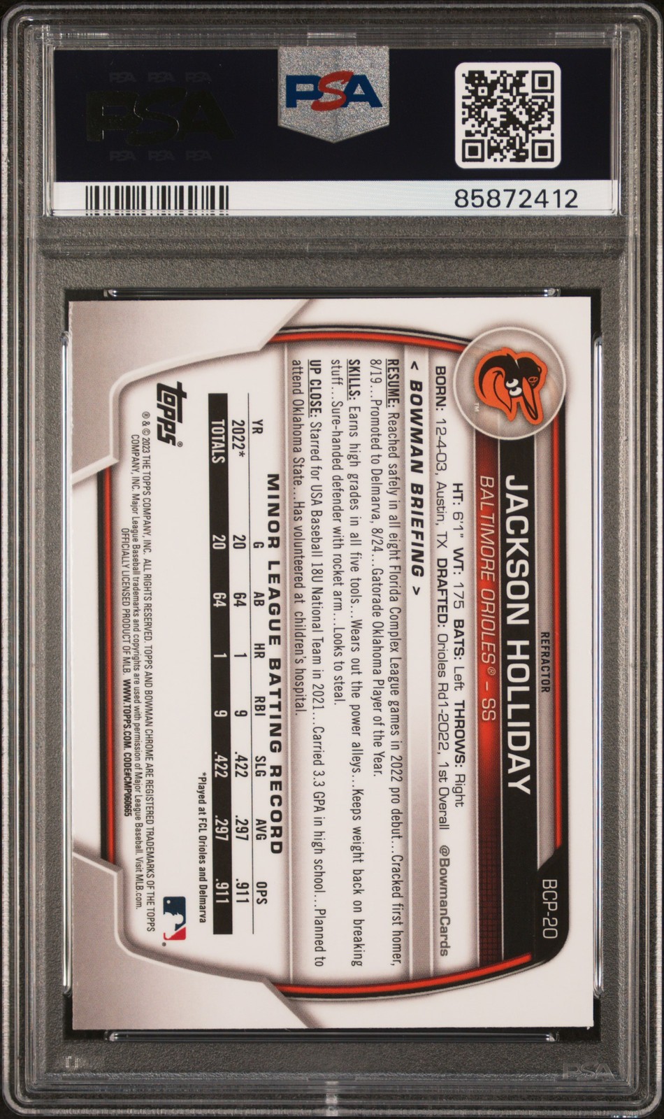 Jackson Holliday 2023 Bowman Chrome Prospects Lunar Glow Refractors PSA 10 view 2