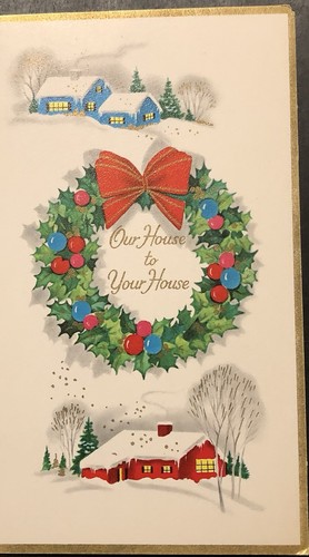 Carte de voeux de Noël vintage belles maisons couvertes de neige notre maison à votre maison - Photo 1/4