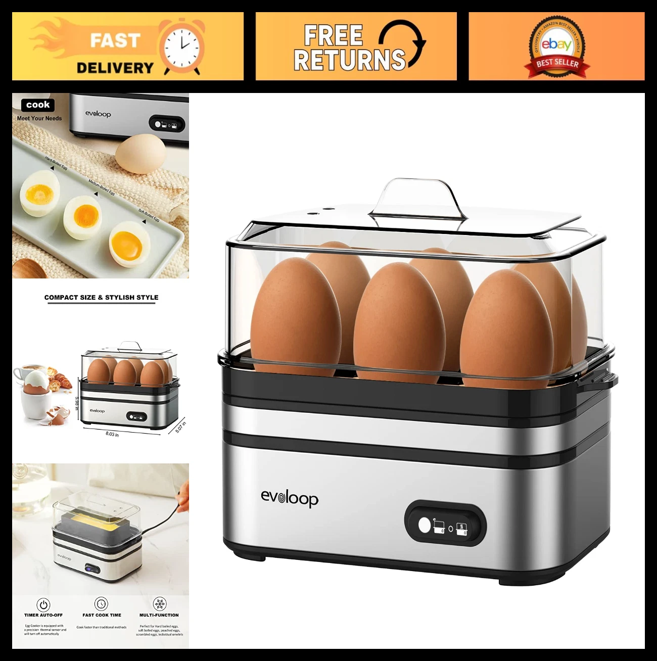 Electric Egg Cooker for 6 Eggs - Soft, Medium, Hard Boiled, Poached & Omelet Mak