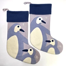 Pair (2) Wool Felt Blue Penguins Stockings, The Company Store, Holiday Christmas