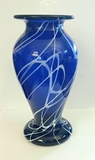 Beautiful Cobalt Blue Art Glass Vase With Hand Painted White Abstract Veins
