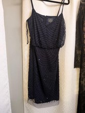 Adrianna Papell Art Deco Beaded Blouson Cocktail Dress Navy/Black Size 16