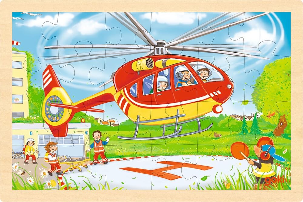 Goki houten puzzel speelgoed helicopter en brandweerauto 3590₽