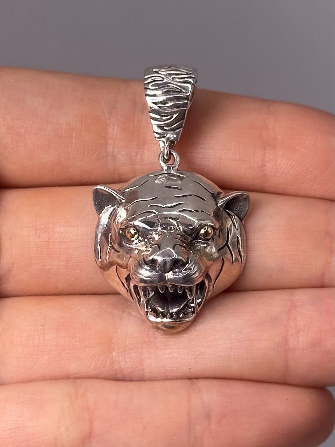 Samuel B 925 Sterling Silver 18K Gold Tiger Pendant Artisan Statement Charm