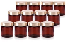 (12 Pack) 8 oz Amber PET Plastic Jar with Luxury Gold Metal Overshell Lid