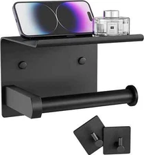 Toilet Paper Holder w/Phone Shelf + Towel Robe Hooks, Adhesive or Screw Wall Set