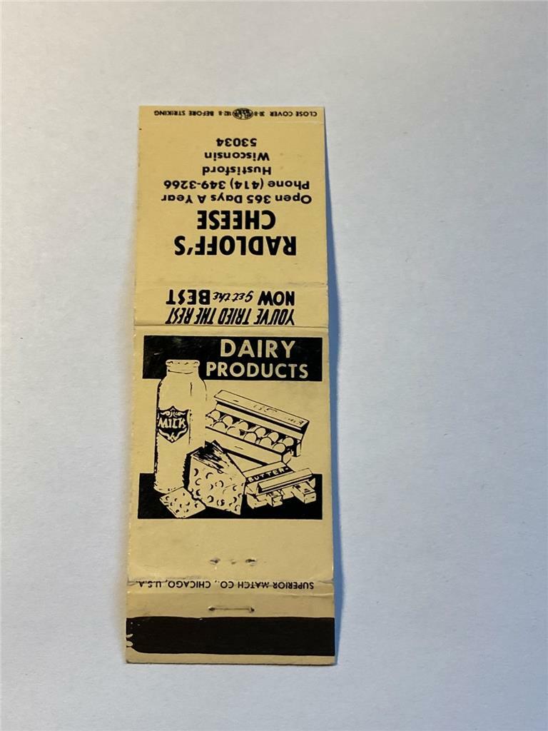 1970's Radloff's Cheese Open 365 Days Hustisford WI Matchcover Wis