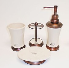NEW HOTEL COLL. 4 PC SET CREAM,BEIGE+BRONZE BROWN SOAP DISPENSER,TOOTH,TUMBLER+1