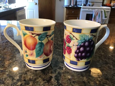 VINTAGE 1996 Elegance Fine Bone China Orchard Fruit Coffee Cup Mugs SET England