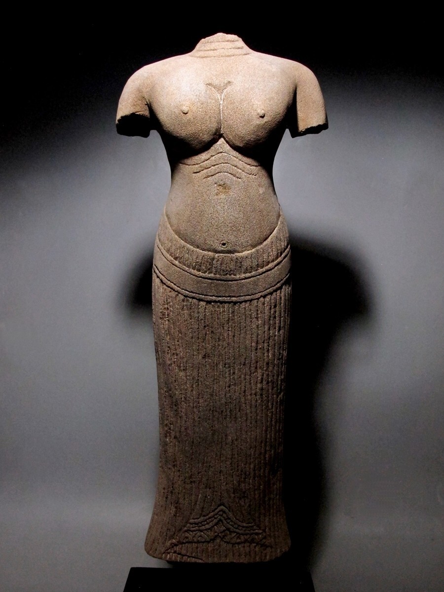 Ancient Khmer Sandstone Female Deity Torso Figure 'Baphuon Style