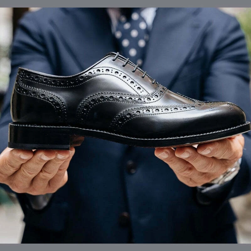 Handmade Mens Black brogue wingtip dress shoes Men office shoes