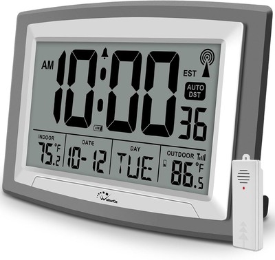 WallarGe Atomic Clock with Outdoor and Indoor 12.5INCH, Silver, Metallic Grey 
