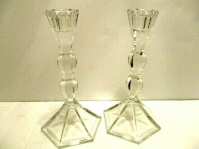 Pair Clear Glass Hexagon 6-Sided Bottom Tall Candle Stick Holders