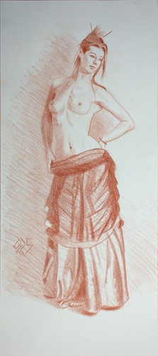 Original Female red Crayon on paper life Drawing nude Girl woman artwork art