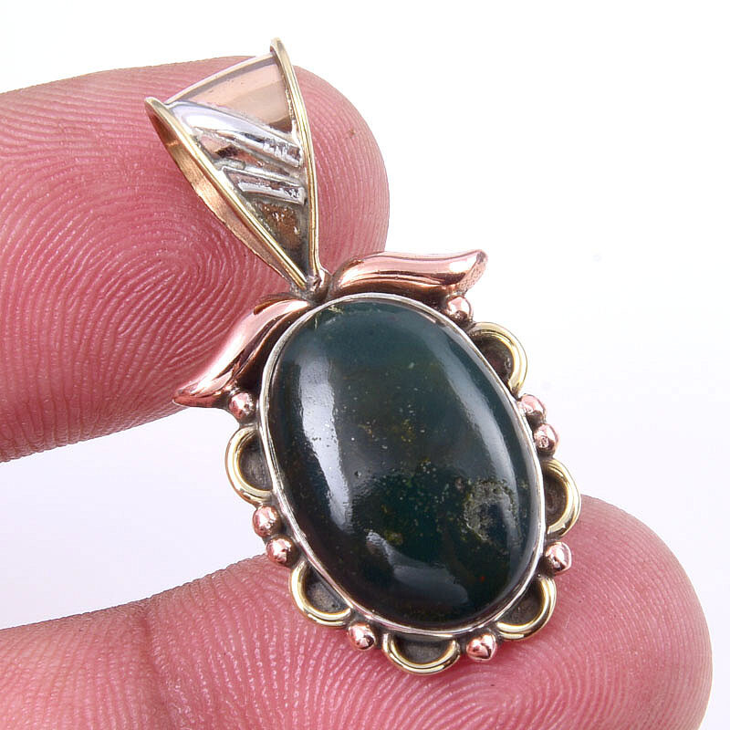 Natural Bloodstone Gemstone in 925 Sterling Silver Two-Tone Pendant 1.25 Inch