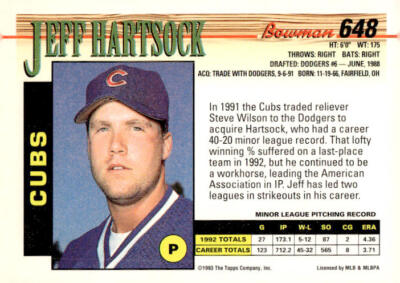 1993 Bowman #648 Jeff Hartsock Rookie Chicago Cubs | eBay