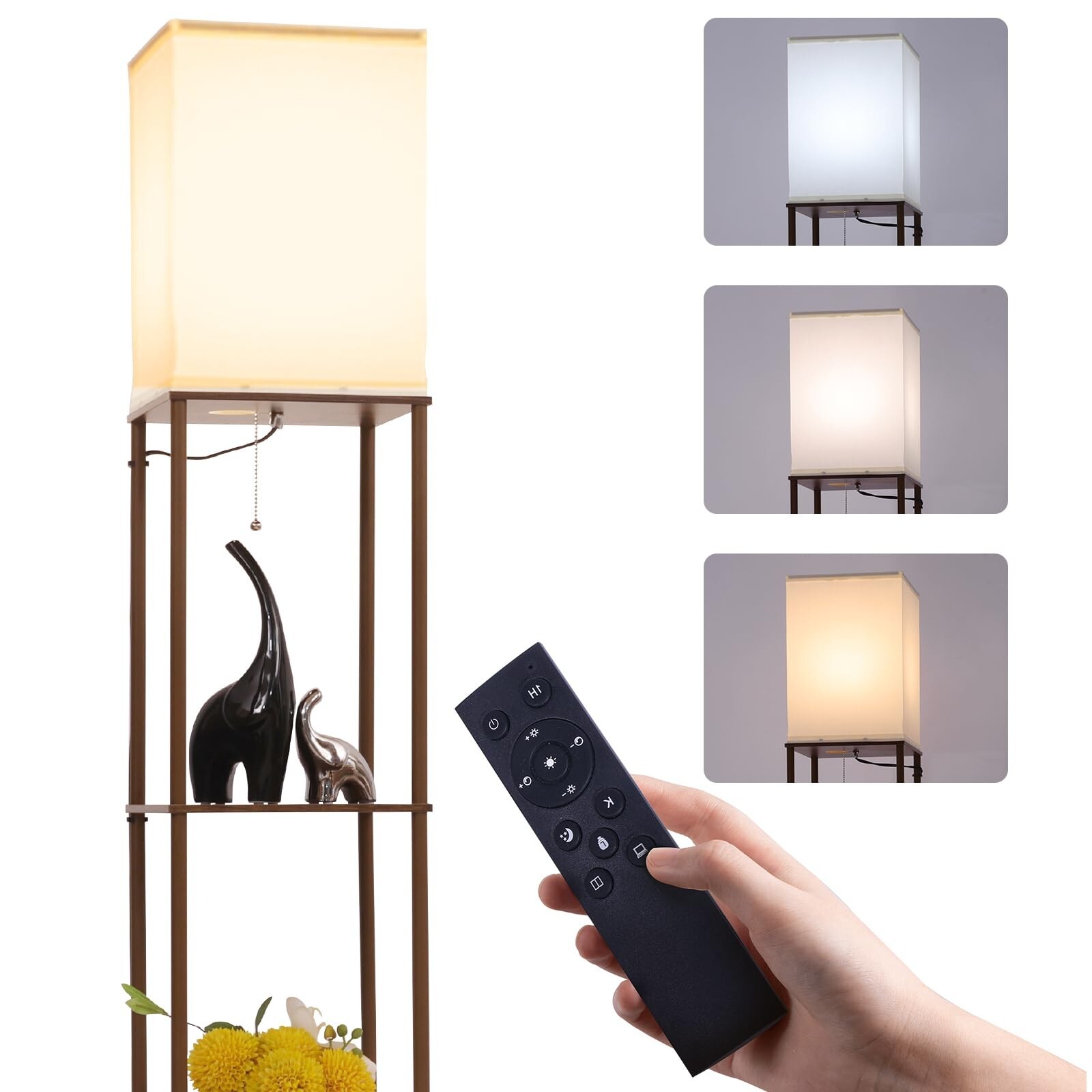Modern Square Floor Lamp with Shelves & 3-Color Remote Control-image