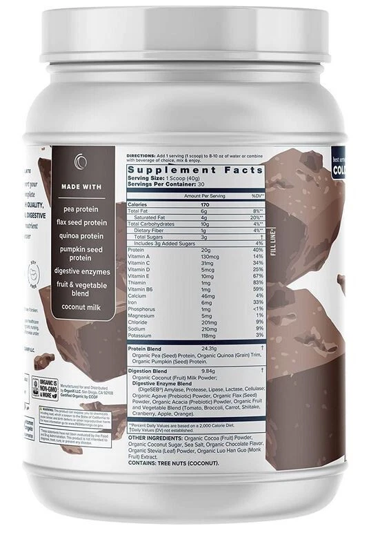 Organifi Completo Proteína Sabor Chocolate - Orgánico Vegano A Base de Plantas - 30 Porciones. Foto 2 de 4