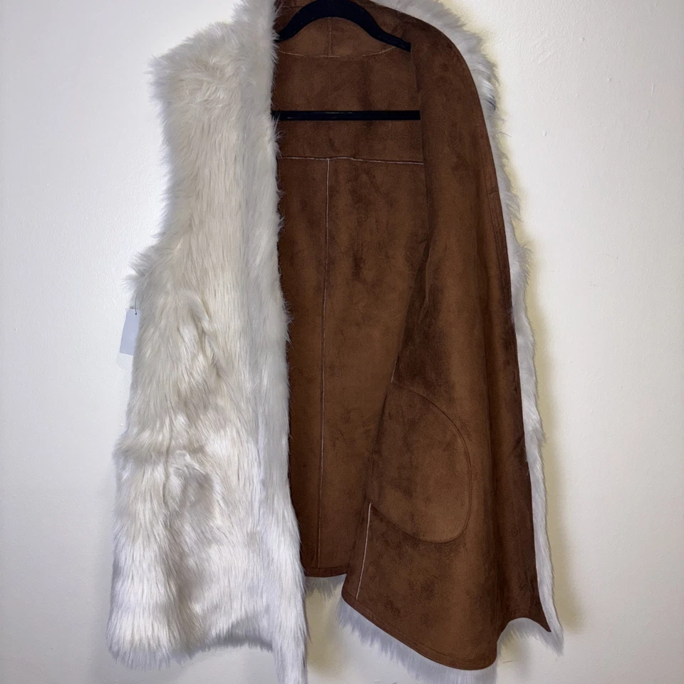 Nordstrom стойка искусственного меха жилет слоновой кости кремовый открытый передний L коричневая замшевая подкладка новый с Ярлыками - Изображение 2 из 4