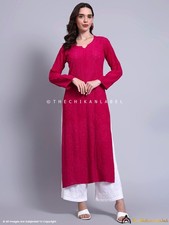 Pink Viscose Chikankari Straight Kurta, Lucknowi Chikan Handmade Kurti for Women