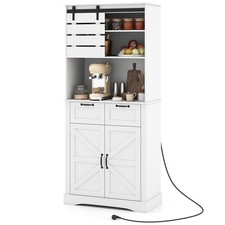COSTWAY Kitchen Pantry Cabinet Tall Coffee Bar Cabinet with Power Outlet-White