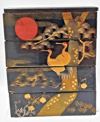 Vintage Japanese Style Stacking Boxes 5 Pc Black Lacquer Ware Crane Design - Image 1 of 4