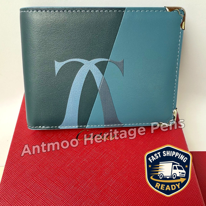 Hot CARTIER Blue Green Leather Wallet Gold Corner Hardware Luxury Collectible