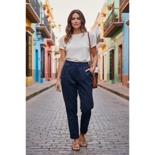 Ralph Lauren Women Navy Blue Pleated Trouser Pants Size 8 Cotton Blend
