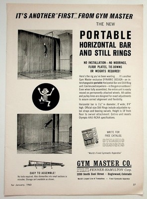 Gym Master Portable Horizontal Bar Still Rings Vintage 1963 Magazine Ad