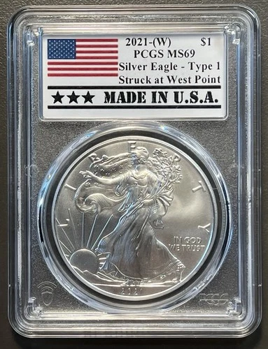 2021 (W) $1 Type 1 American Silver Eagle PCGS MS69 Made in USA Label