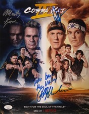 Ralph Macchio, Billy Zabka & Marty Kove Signed 11x14 Cobra Kai with quote JSA