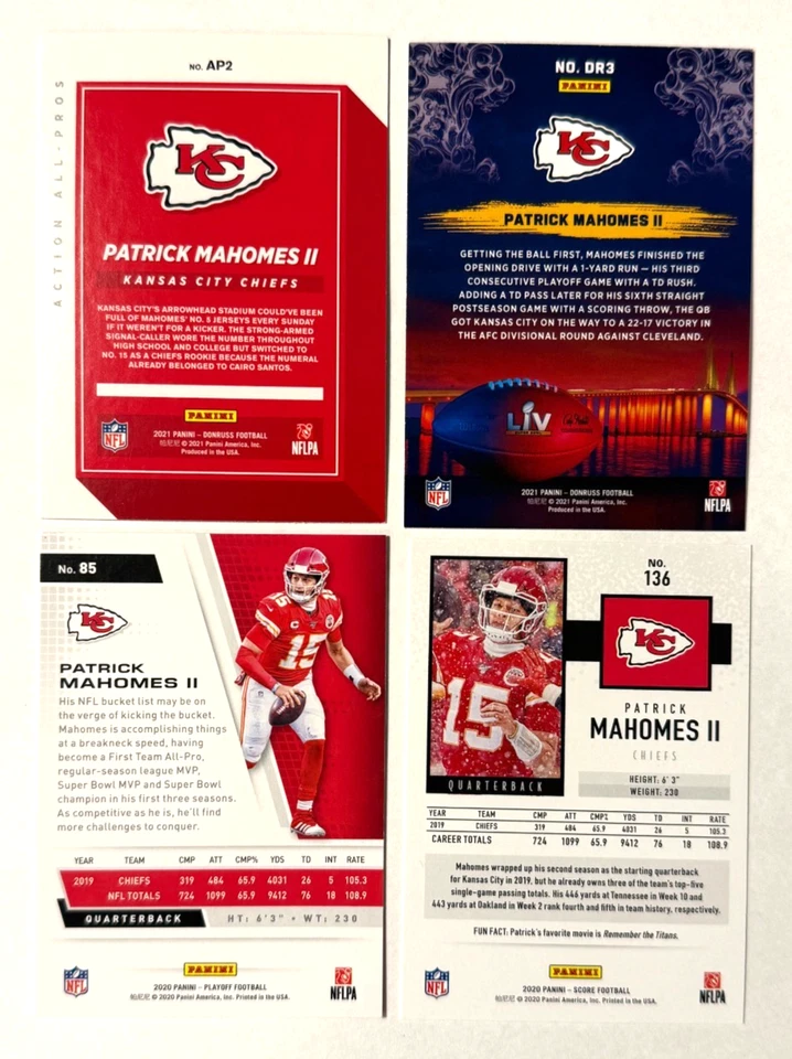 Patrick Mahomes Lot (4 cards) 2020-21 Panini Donruss Score Playoff w/ Inserts - Image 2 of 2