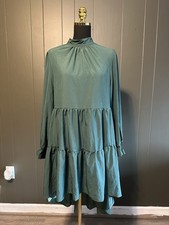 SHEIN Green High Neck High Low Long Sleeve Tiered Dress Holidays L Large