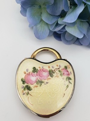 Antique Vtg GUILLOCHE Compact Heart Shaped Padlock Sweet LaMode Enamel Trinket