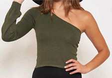 Women s Green Knit One Shoulder Pullover Top Long Asymmetrical Sleeve SZ S L