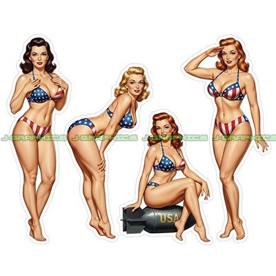 Pinup girl Vinyl Sticker Decal Patriotic Retro 4 Pack Pin Up USA Vintage C
