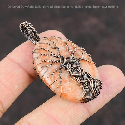 Valentines Sale Oval Sunstone Stone Copper Wire Wrapped Tree Of Life New Pendant