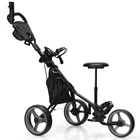 3-Wheel Foldable Golf Push Pull Cart Trolley w/ Seat Adjustable Handle Grey
