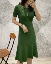 Sandro Olive Green Knit Dress Size 36 with Pearl Buttons