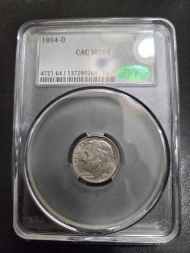 1954-D Roosevelt Silver Dime CAC GRADED MS64 Mint Set Coin Light Toning