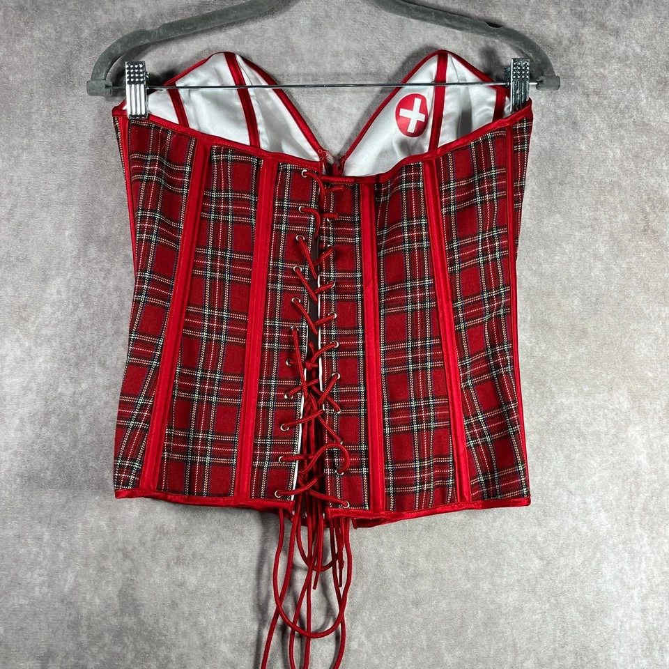 Frederick's Of Hollywood Corset Womens L White Red Plaid Boned Reversible Y2K  - Image 2 of 4