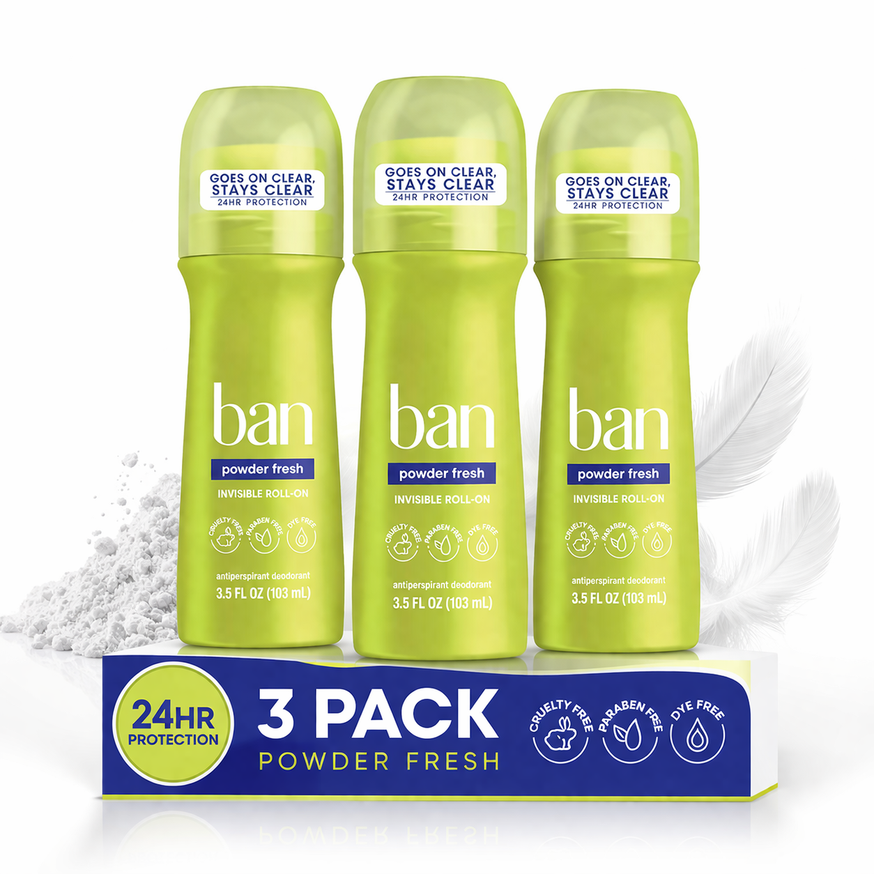 Ban Roll-On Antiperspirant Deodorant, Powder Fresh, 3 pack of 3.5 Fluid ...