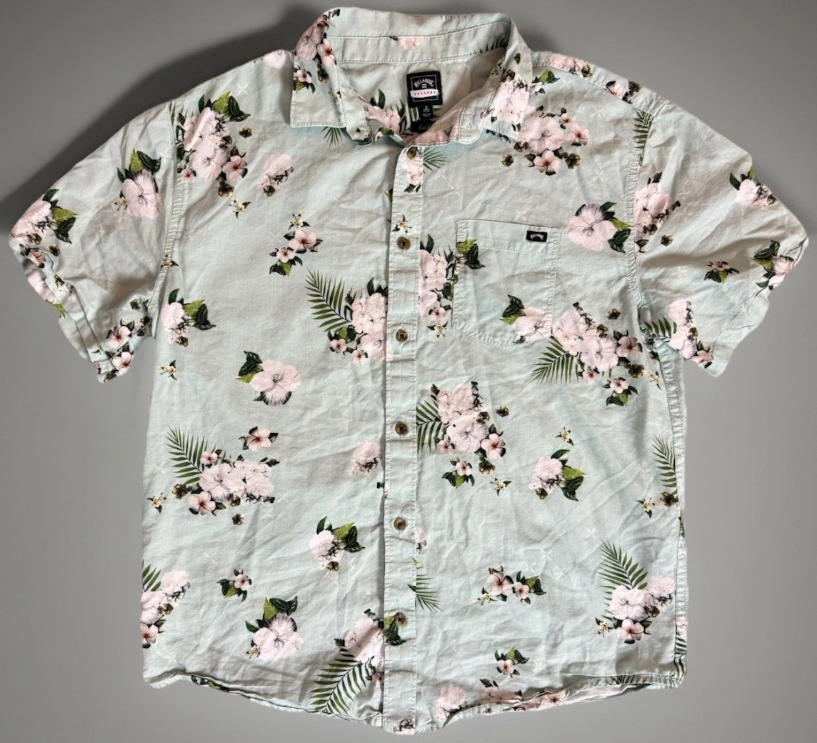 Billabong x Kamea Hawaiian Shirt Mens Small Hadar Green Hibiscus Floral Lyocel
