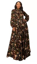 LIVD Camo Bella Donna Long Dress w/Tie Neck Ribbon Bishop Sleeves Pockets Sz 3X