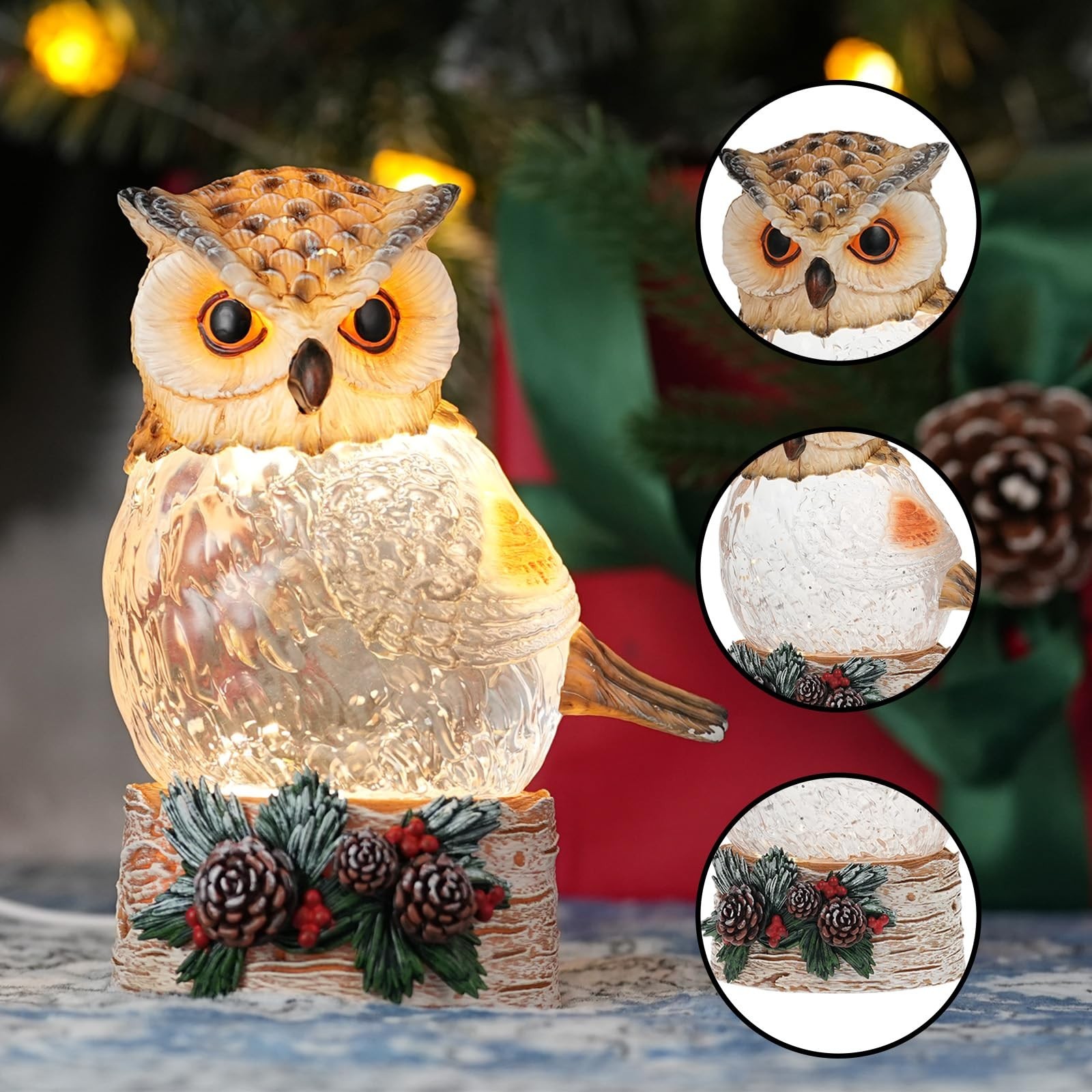 Christmas Snow Globe Owl Decorations with LED Lights & Swirling Glitter, Owl ...