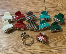 Lot of 12 Winter Christmas Holiday Hair Claw Clips, Varying Patterns, Glitter