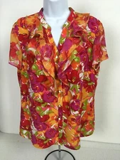 Notations Women Top Size L Colorful Floral Ruffle Neck Button Down Blouse V neck
