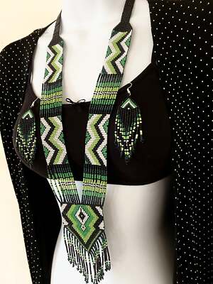 Handcrafted Bead embroidery long necklace earrings set