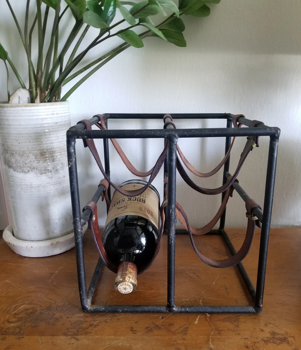 Vintage Mid Century Umanoff Wine Rack Leather Cast Iron Rod 4