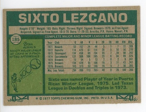 1977 Topps ##185 Sixto Lezcano Milwaukee Brewers ⚾ EX - Picture 2 of 2